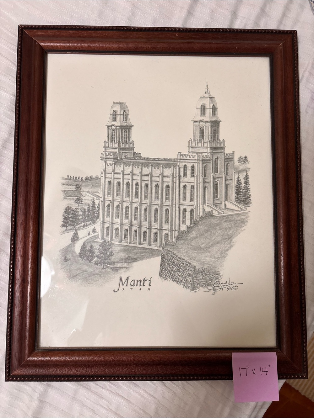 Framed Pencil Sketch of Manti Utah Temple - Brown Frame